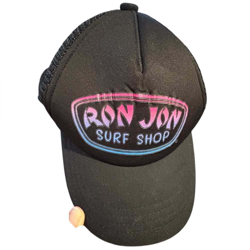 RON JON kids snap/back trucker hat. Black with pink to blue graphics. Like new